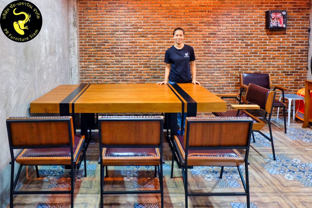 รับทําโต๊ะตามแบบ รับทำโต๊ะไม้: ชุดโต๊ะกินข้าวไม้สัก 6 ที่นั่ง แบบลอฟท์ แต่งเหล็ก
