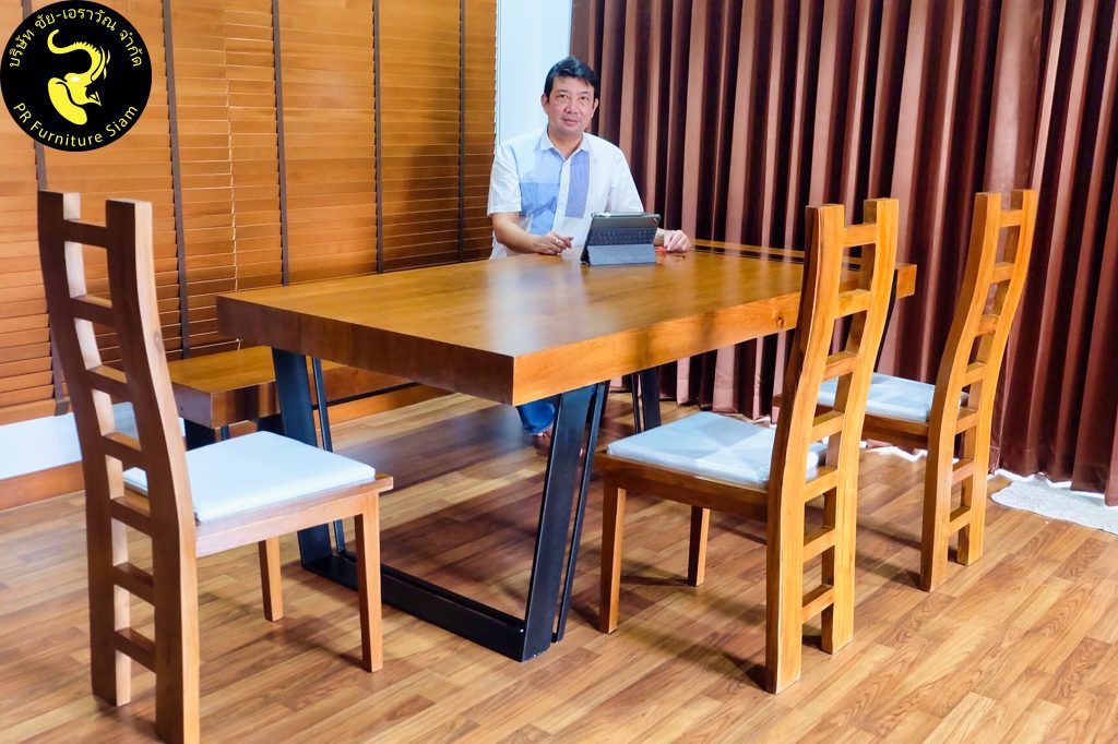 รับทําโต๊ะตามแบบ รับทำโต๊ะไม้:  ชุดโต๊ะกินข้าวไม้สักขาเหล็ก 6 ที่นั่ง สวยๆ
