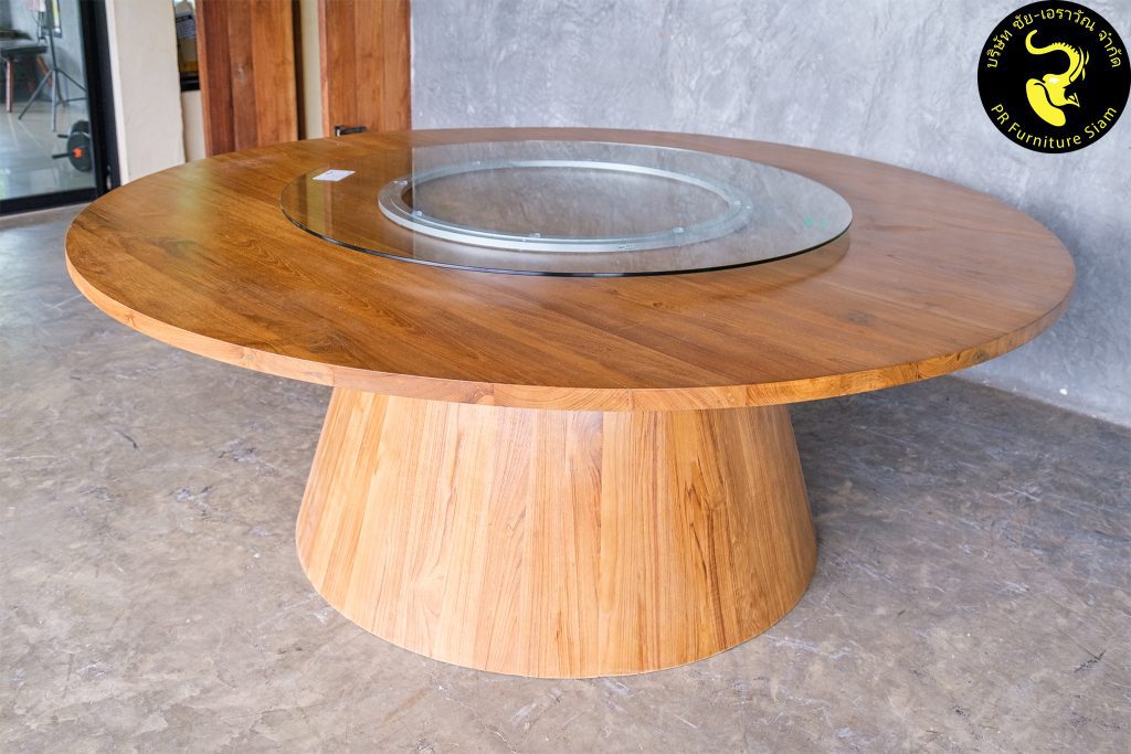  โต๊ะกลมไม้สัก โต๊ะกลมกินข้าวไม้สัก แบบโมเดิร์น พร้อมถาดหน้าโต๊ะหมุนได้