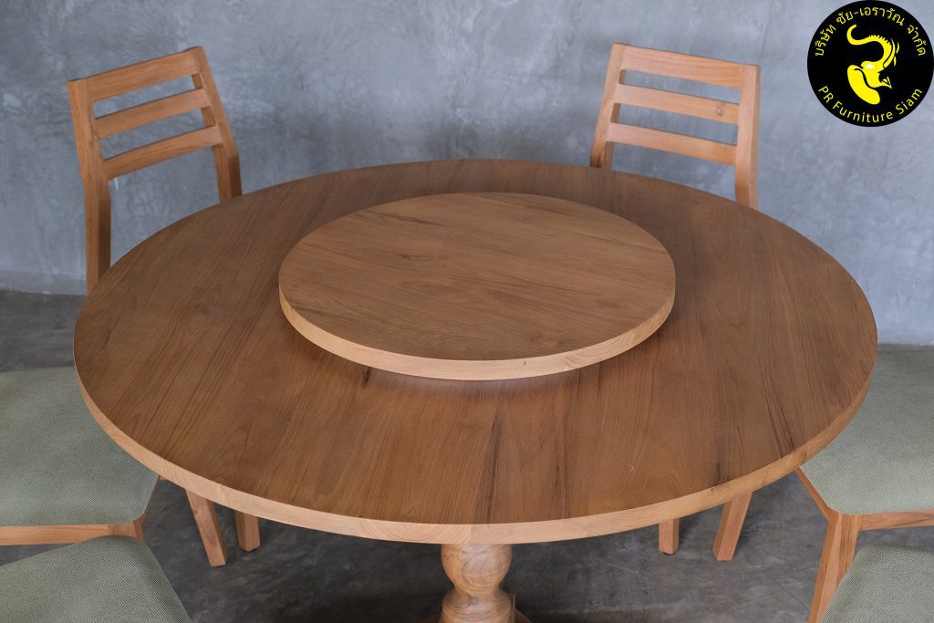 แบบโต๊ะกลมไม้สัก โต๊ะกลมกินข้าวไม้สัก แบบโมเดิร์น ขนาด 6 ที่นั่ง หน้า Top โต๊ะหนา 3 cm.