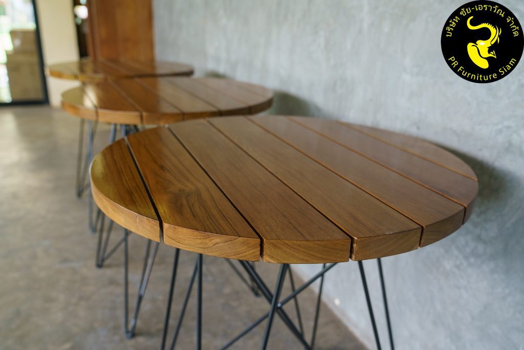 โต๊ะกลมไม้ขาเหล็กโมเดิร์น ทำจากไม้สักเก่า แบบหนา 3 cm.
